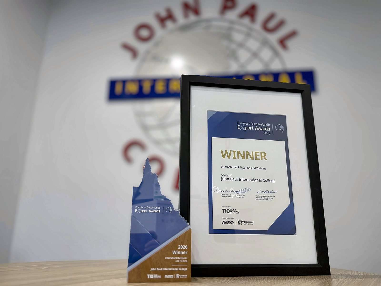 The 2026 winner trophy and certificate for International Education and Training, Premier of Queensland's Export Awards