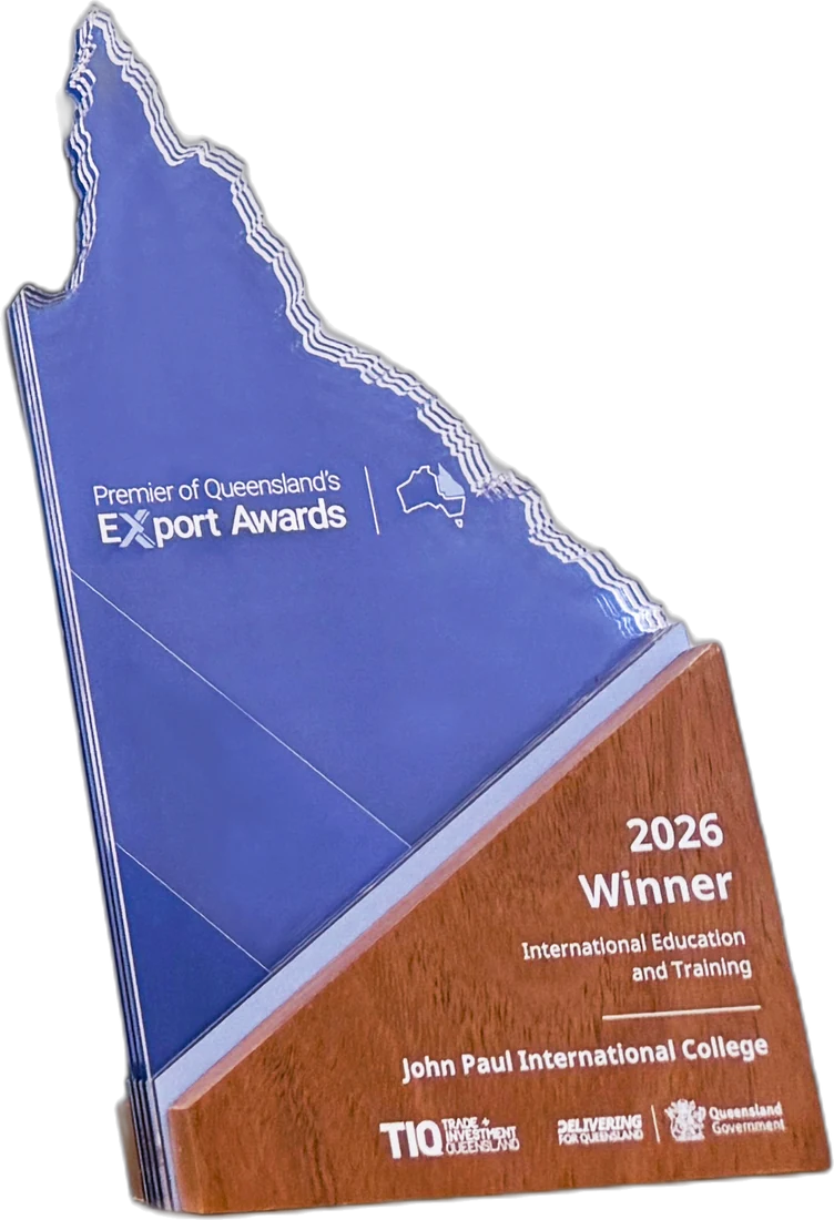 The 2026 Winner trophy for International Education and Training, Premier of Queensland's Export Awards, engraved John Paul International College