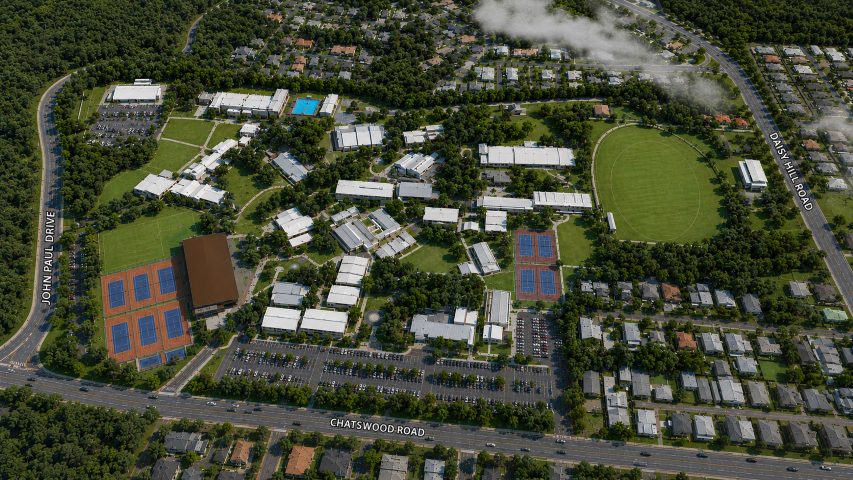 3D aerial render of the John Paul College campus, bounded by John Paul Drive, Chatswood Road and Daisy Hill Road