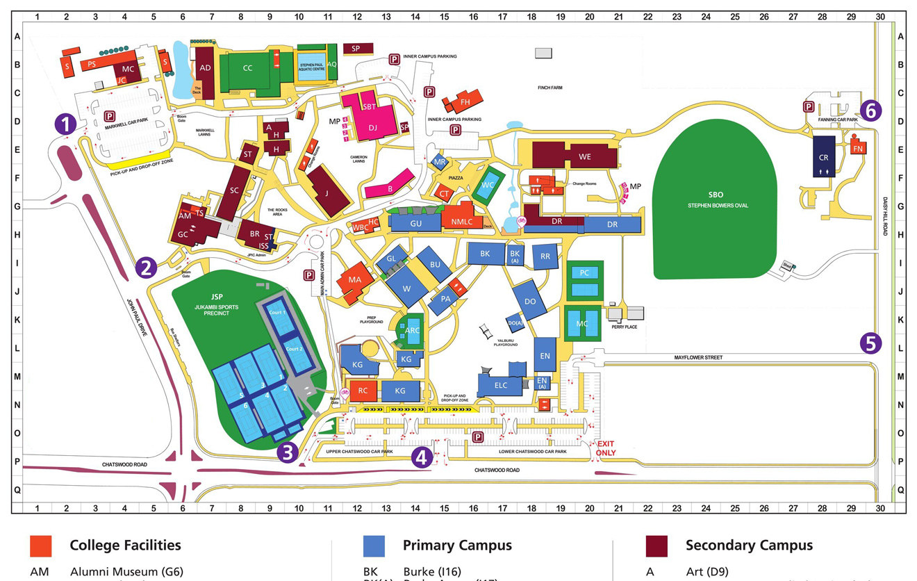 Detailed grid campus map of John Paul College