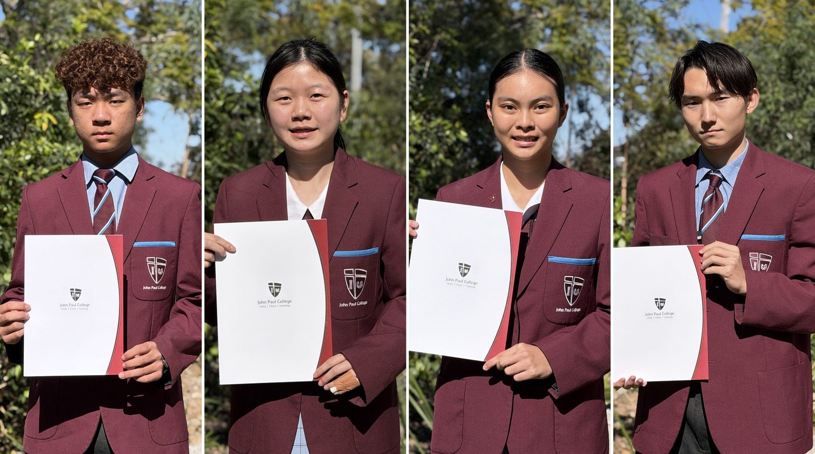 Four John Paul College international students in College blazers holding their Semester 1 2026 academic award folders