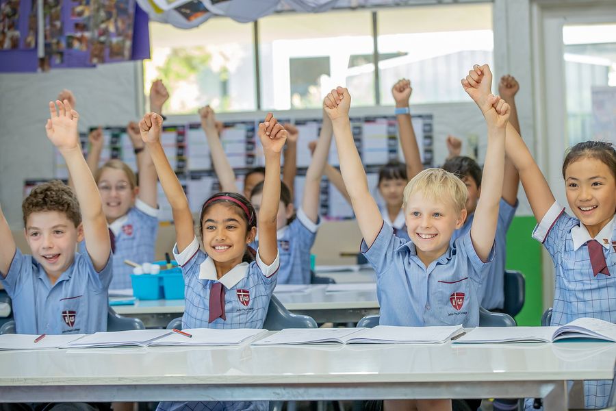 Primary children raising their hands eagerly to share ideas in class