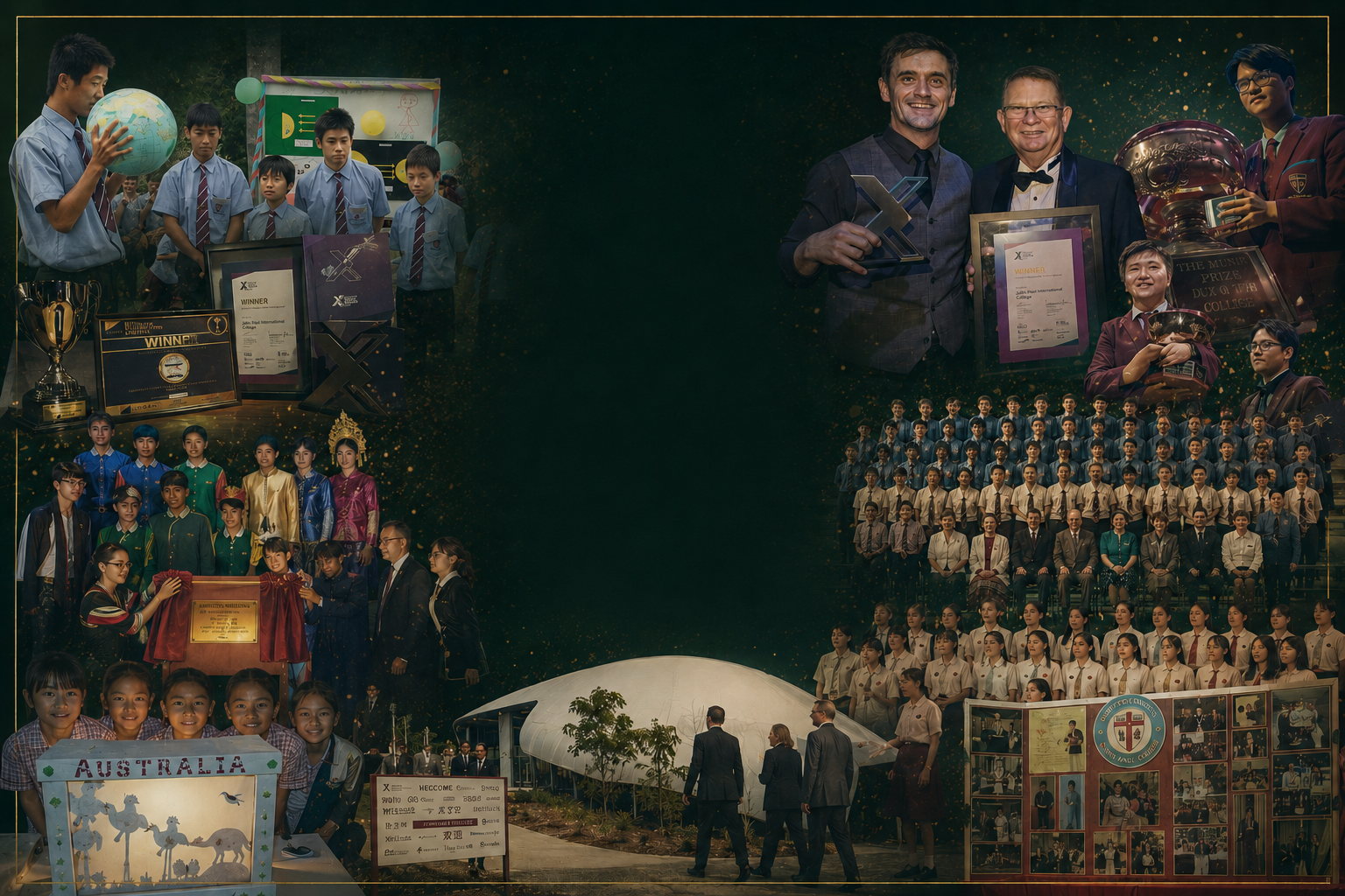 A collage of John Paul International College students, award trophies and choir performances spanning our history