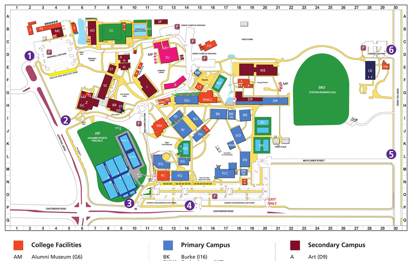 Detailed campus map of John Paul College